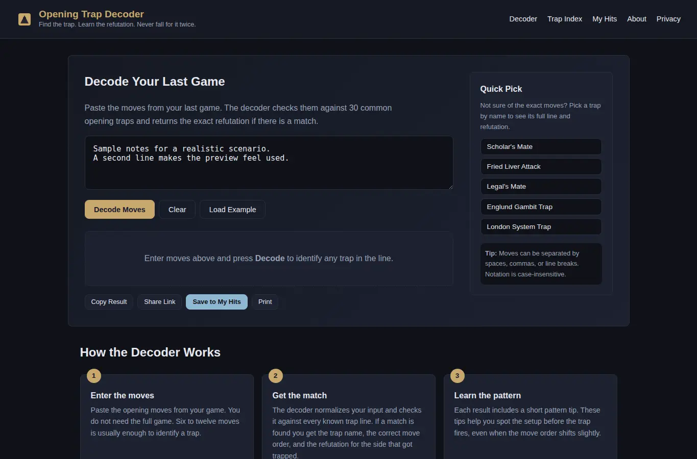Screenshot of Opening Trap Decoder interface showing the project page in use